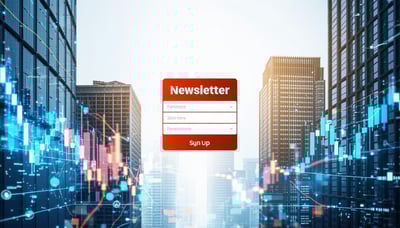 Newsletter signup illustration with a cityscape and financial charts Newsletter signup illustration with a cityscape and financial charts